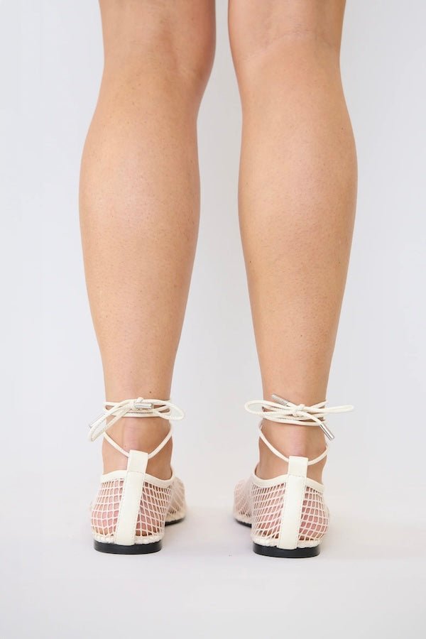 Theos Mesh Flat Powder by Pfeiffer, mesh flats with lace up detail and square toe. Perfect for everyday wear or standout styling.