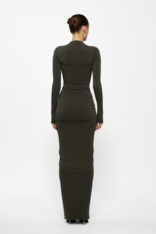 Tia Bodysuit in Bark by Effie Kats, a sleek stretch jersey bodysuit with a form-fitting silhouette, perfect for layering or styling with skirts and denim.