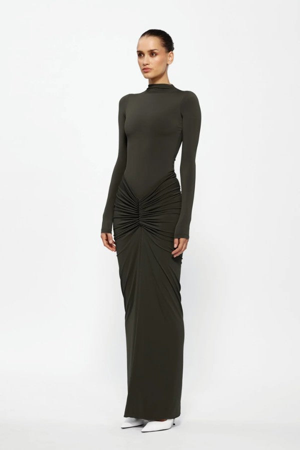 Tia Bodysuit in Bark by Effie Kats, a sleek stretch jersey bodysuit with a form-fitting silhouette, perfect for layering or styling with skirts and denim.