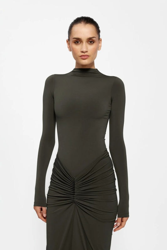 Tia Bodysuit in Bark by Effie Kats, a sleek stretch jersey bodysuit with a form-fitting silhouette, perfect for layering or styling with skirts and denim.