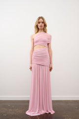 Tiana Dress in Pink Rhinestone by DŽO, a full-length ruched mesh gown with asymmetrical detailing and subtle rhinestone embellishment.