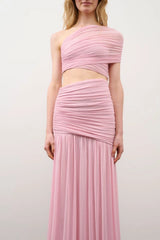 Tiana Dress in Pink Rhinestone by DŽO, a full-length ruched mesh gown with asymmetrical detailing and subtle rhinestone embellishment.