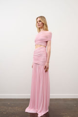 Tiana Dress in Pink Rhinestone by DŽO, a full-length ruched mesh gown with asymmetrical detailing and subtle rhinestone embellishment.