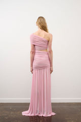 Tiana Dress in Pink Rhinestone by DŽO, a full-length ruched mesh gown with asymmetrical detailing and subtle rhinestone embellishment.