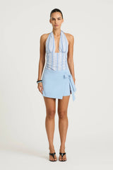 Tiano Mini Dress by Benni, blue stripe cotton halter mini with gathered waist, fixed wrap skirt detail and flattering fitted silhouette.