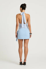 Tiano Mini Dress by Benni, blue stripe cotton halter mini with gathered waist, fixed wrap skirt detail and flattering fitted silhouette.