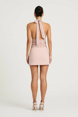 Tiano Mini Dress in Pink Stripe by Benni, blue stripe cotton halter mini with gathered waist, fixed wrap skirt detail and flattering fitted silhouette.