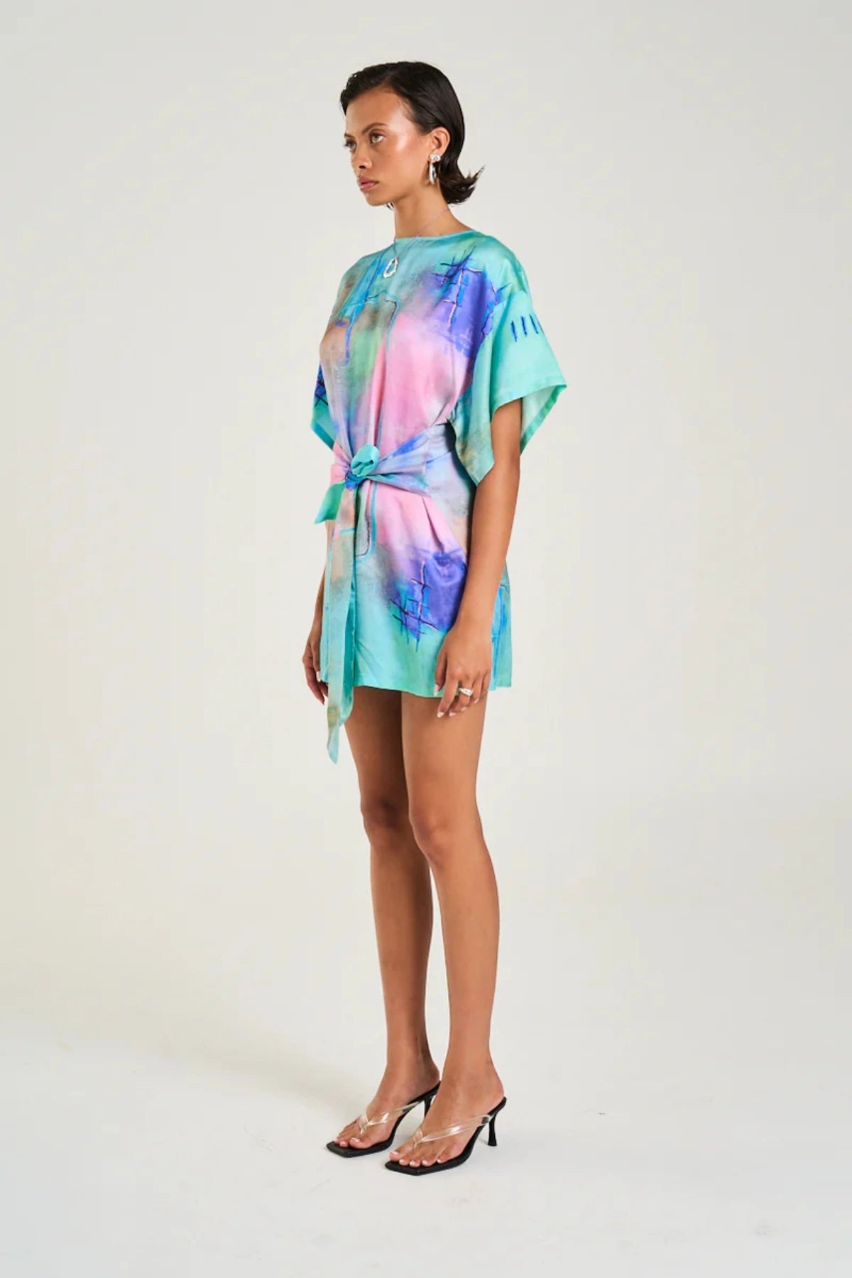 Tie Front Dress H2O by Summi Summi, mini dress with hand-painted abstract print, tie waist and modest sleeves, a trendy piece perfect for casual or polished styling.