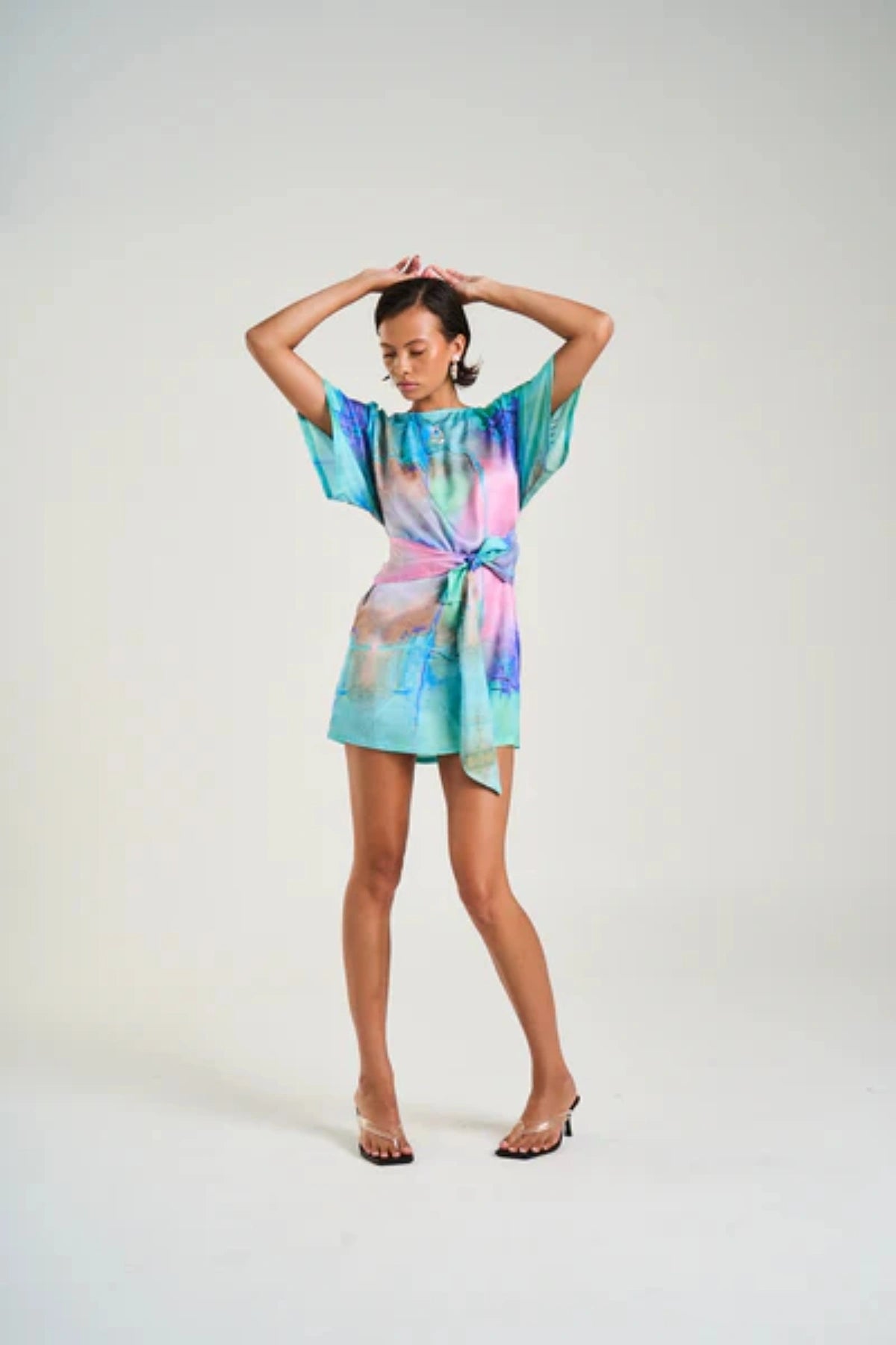 Tie Front Dress H2O by Summi Summi, mini dress with hand-painted abstract print, tie waist and modest sleeves, a trendy piece perfect for casual or polished styling.
