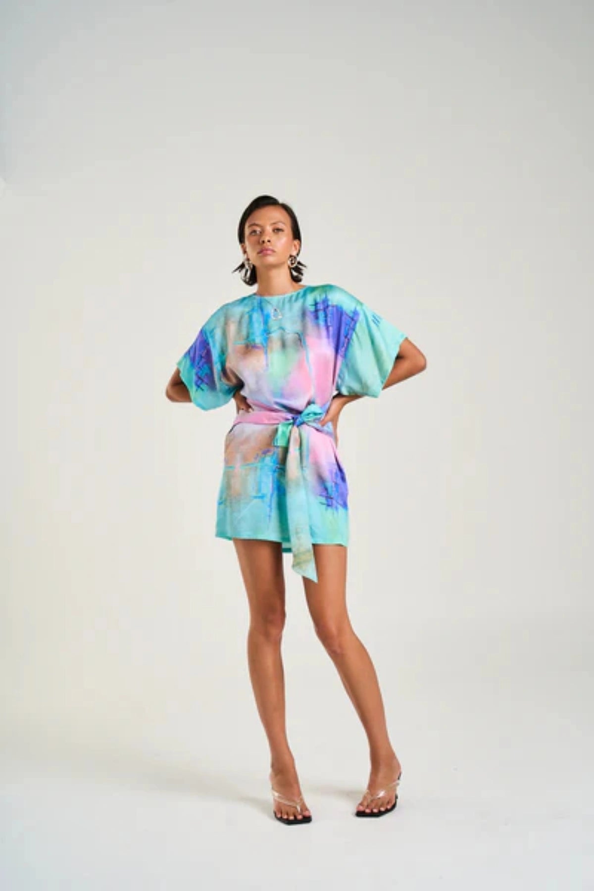 Tie Front Dress H2O by Summi Summi, mini dress with hand-painted abstract print, tie waist and modest sleeves, a trendy piece perfect for casual or polished styling.