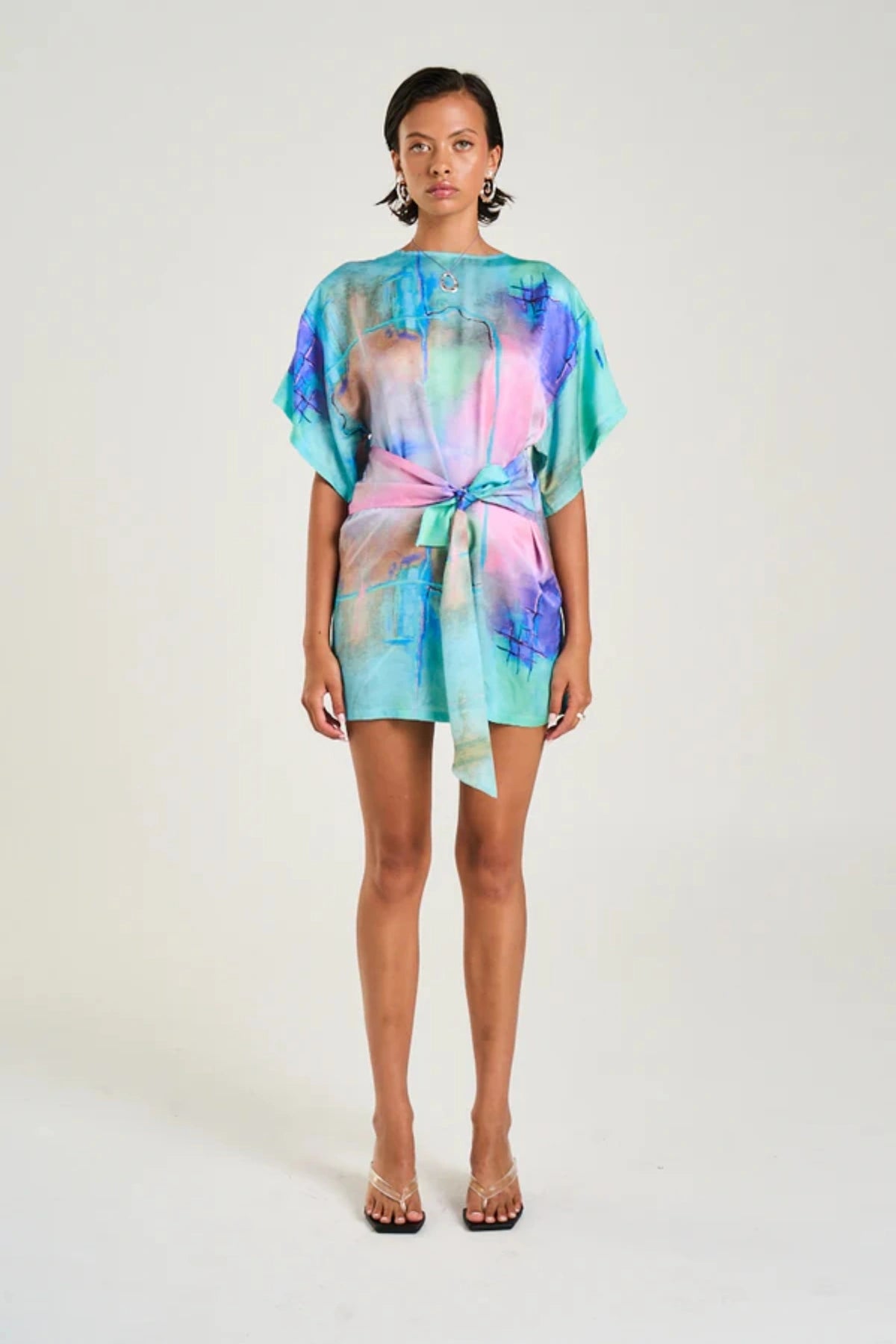 Tie Front Dress H2O by Summi Summi, mini dress with hand-painted abstract print, tie waist and modest sleeves, a trendy piece perfect for casual or polished styling.