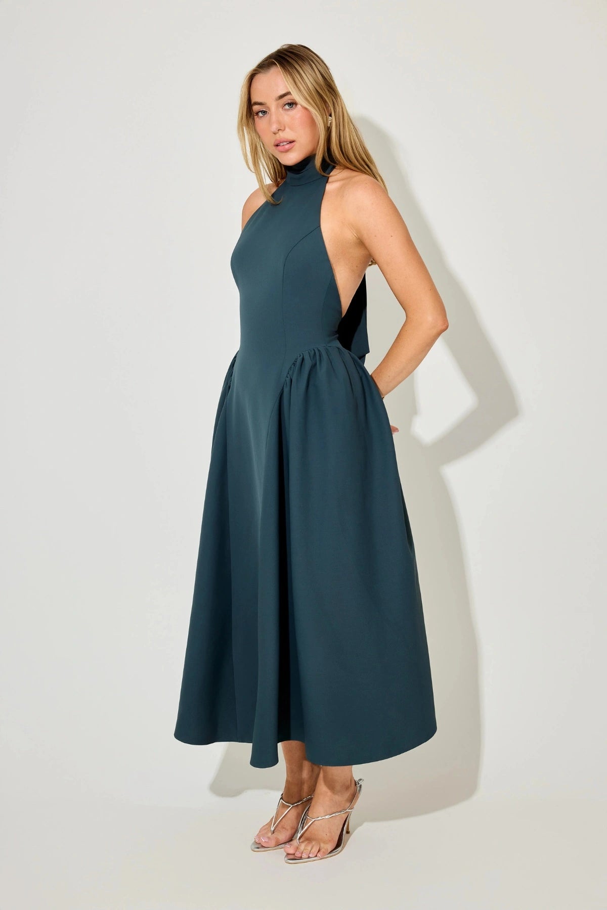 Tie Neck Gathered Midi Dress by Odd Muse, teal midi with gathered skirt and draped neckline. Perfect for formal parties and soirées.