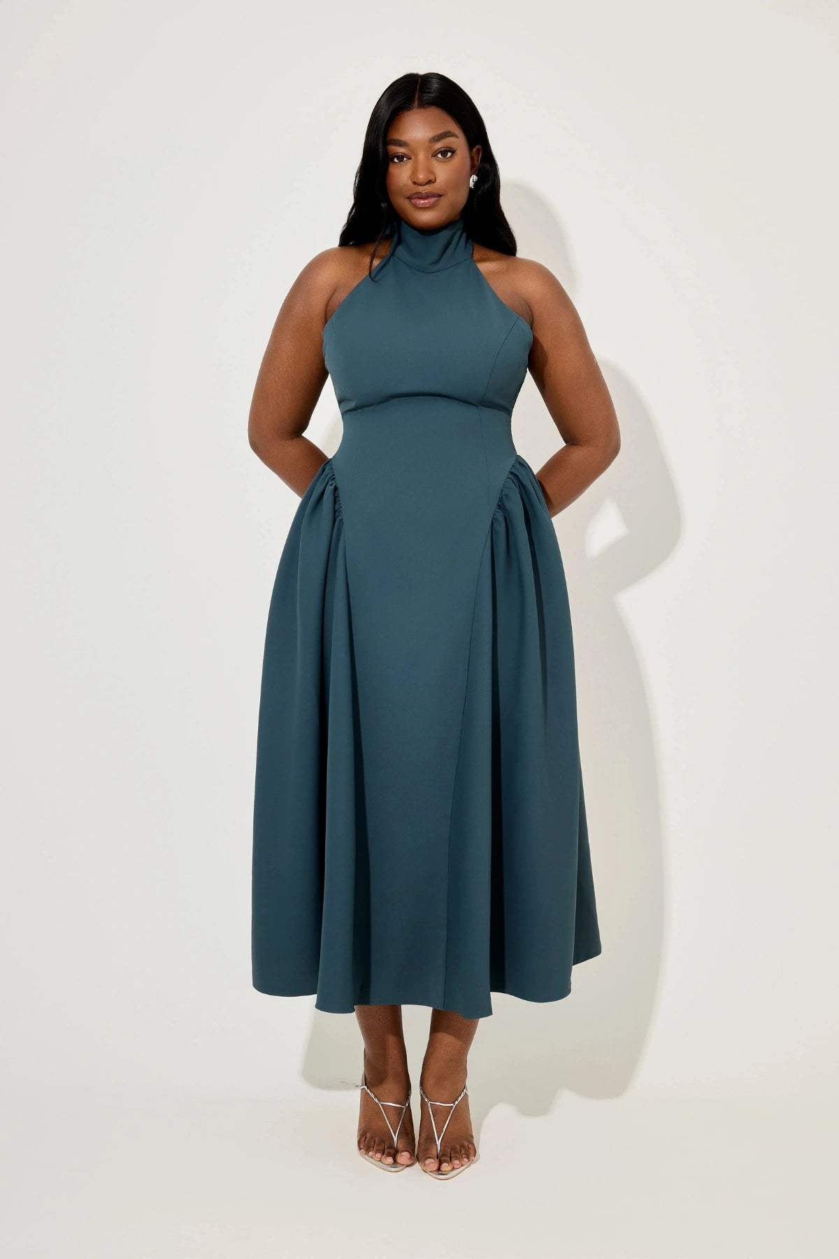 Tie Neck Gathered Midi Dress by Odd Muse, teal midi with gathered skirt and draped neckline. Perfect for formal parties and soirées.