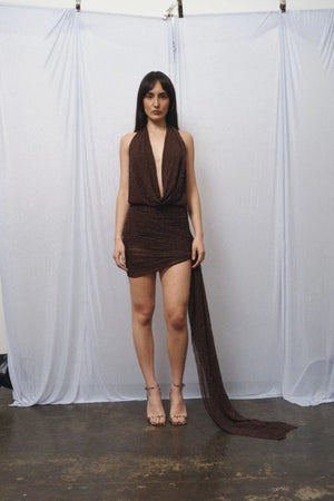 Tiffany Dress Beaded Brown by DŽO, halter mini dress with draped neckline and ruched skirt, beaded shimmer party dress perfect for nights out and events.