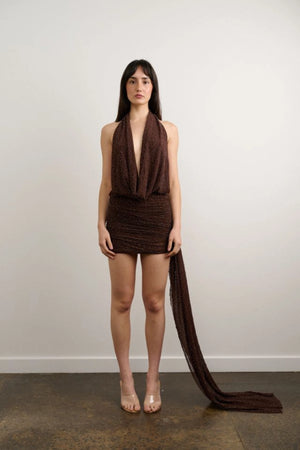 Tiffany Dress Beaded Brown by DŽO, halter mini dress with draped neckline and ruched skirt, beaded shimmer party dress perfect for nights out and events.