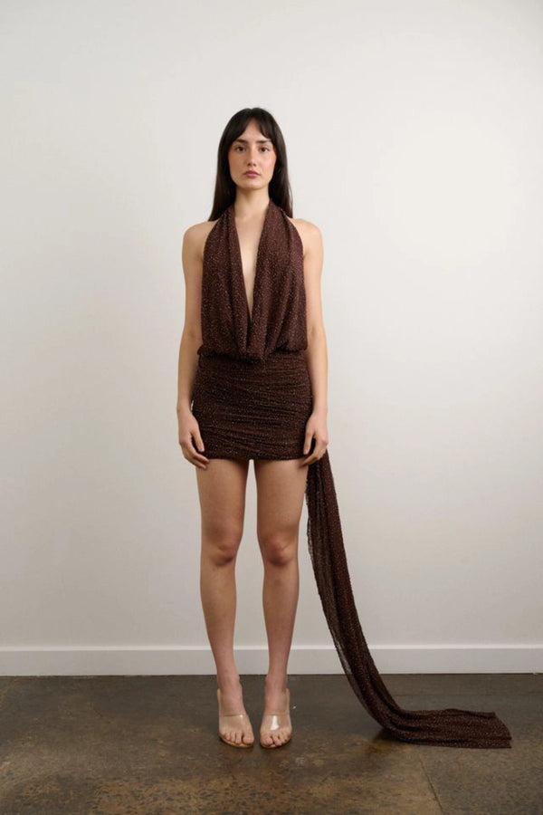 Tiffany Dress Beaded Brown by DŽO, halter mini dress with draped neckline and ruched skirt, beaded shimmer party dress perfect for nights out and events.