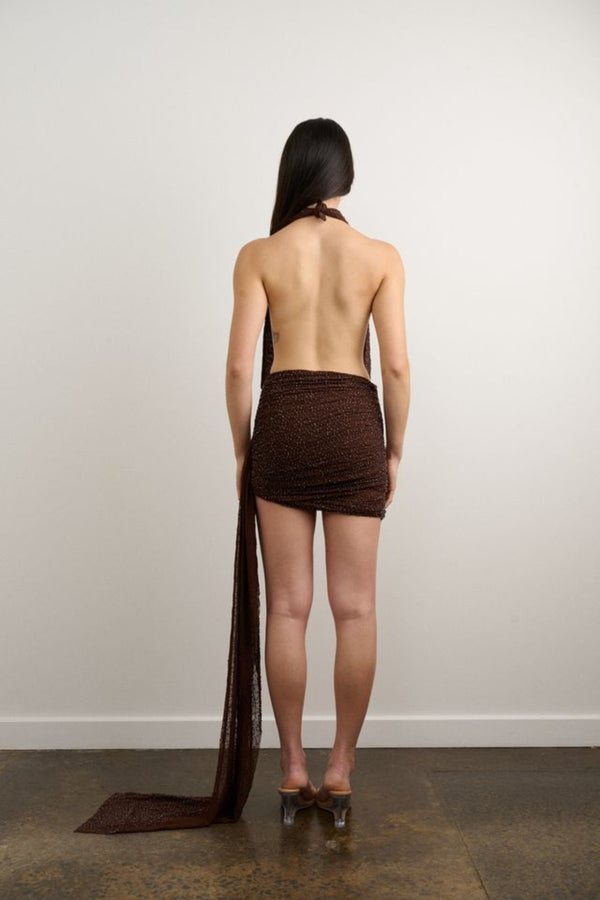 Tiffany Dress Beaded Brown by DŽO, halter mini dress with draped neckline and ruched skirt, beaded shimmer party dress perfect for nights out and events.