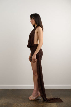Tiffany Dress Beaded Brown by DŽO, halter mini dress with draped neckline and ruched skirt, beaded shimmer party dress perfect for nights out and events.