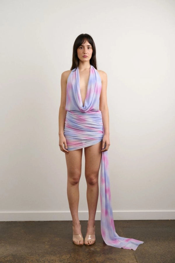 Tiffany Dress Violet Pink by DŽO, halter mini dress with draped neckline and ruched skirt, tie dye statement dress perfect for parties and summer nights.