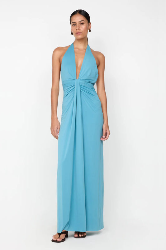 Tillie Drape Maxi Dress by Bec and Bridge — a deep seafoam halter maxi with draped skirt and low back, perfect for weddings and special events.