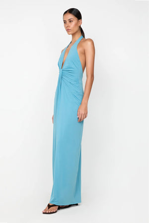 Tillie Drape Maxi Dress by Bec and Bridge — a deep seafoam halter maxi with draped skirt and low back, perfect for weddings and special events.