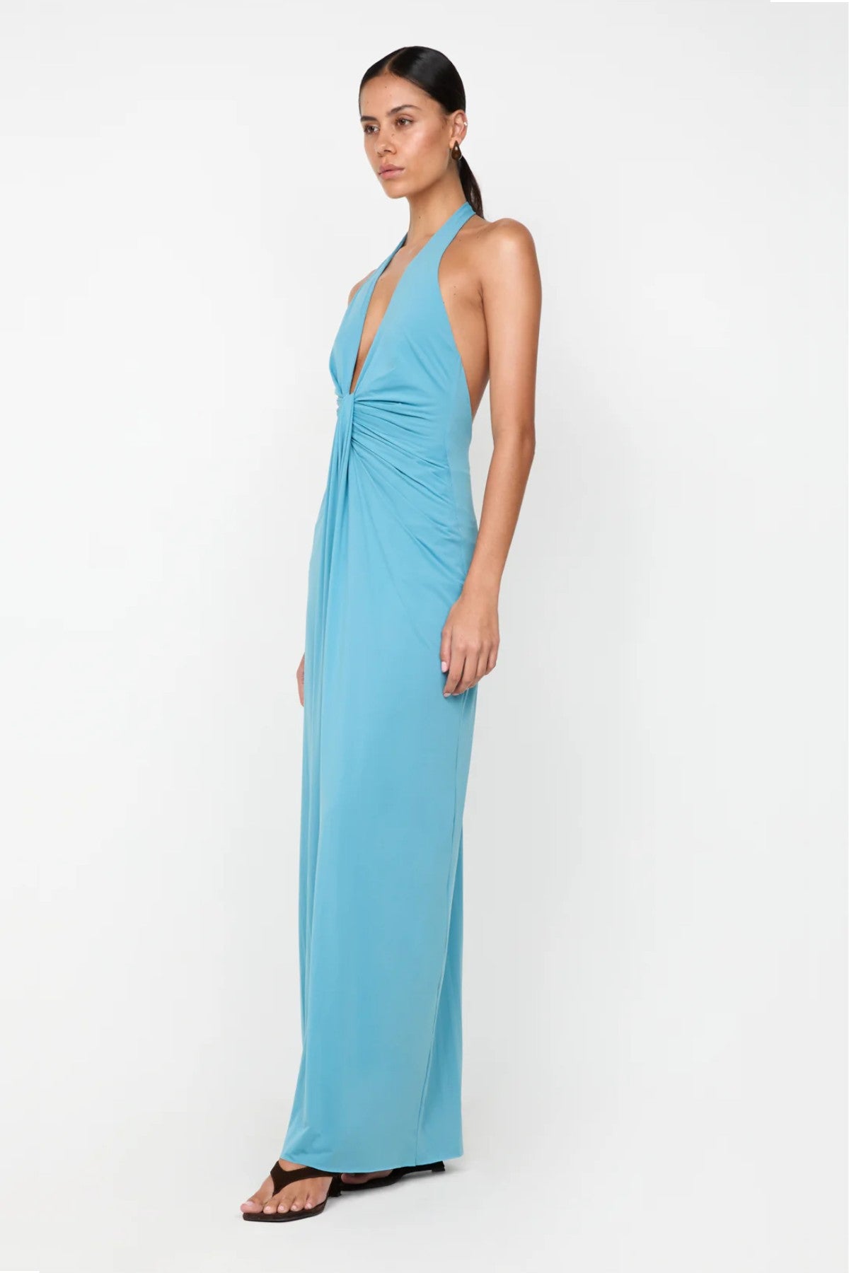 Tillie Drape Maxi Dress by Bec and Bridge — a deep seafoam halter maxi with draped skirt and low back, perfect for weddings and special events.