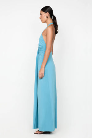 Tillie Drape Maxi Dress by Bec and Bridge — a deep seafoam halter maxi with draped skirt and low back, perfect for weddings and special events.