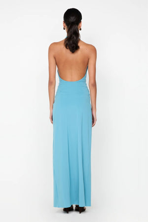 Tillie Drape Maxi Dress by Bec and Bridge — a deep seafoam halter maxi with draped skirt and low back, perfect for weddings and special events.