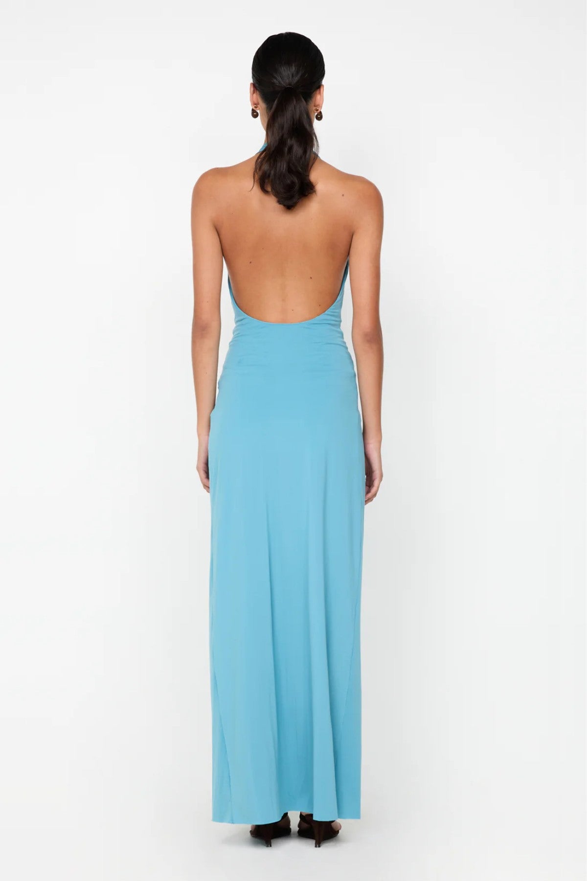 Tillie Drape Maxi Dress by Bec and Bridge — a deep seafoam halter maxi with draped skirt and low back, perfect for weddings and special events.