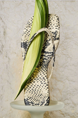 Tkees Square Toe Exotics Sandsnake sandal in soft washed denim with square toe and cushioned insole, handcrafted in Brazil.
