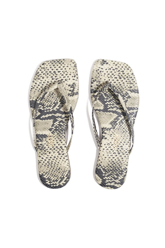 Tkees Square Toe Exotics Sandsnake sandal in soft washed denim with square toe and cushioned insole, handcrafted in Brazil.
