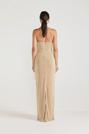 Antionette Dress Black by Tojhà, a sleek jersey halter maxi with mesh scarf tie and back split. Perfect for elegant evening occasions.