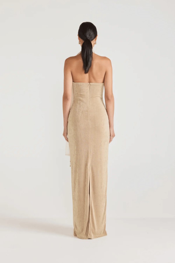 Antionette Dress Black by Tojhà, a sleek jersey halter maxi with mesh scarf tie and back split. Perfect for elegant evening occasions.