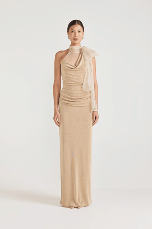 Antionette Dress Black by Tojhà, a sleek jersey halter maxi with mesh scarf tie and back split. Perfect for elegant evening occasions.