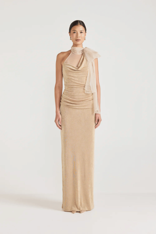 Antionette Dress Black by Tojhà, a sleek jersey halter maxi with mesh scarf tie and back split. Perfect for elegant evening occasions.