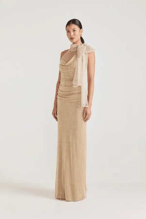 Antionette Dress Black by Tojhà, a sleek jersey halter maxi with mesh scarf tie and back split. Perfect for elegant evening occasions.