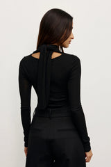 Tonia Top Black by Bayse – long sleeve top with draped neckline, self-tie detail and waist gathering.