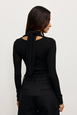 Tonia Top Black by Bayse – long sleeve top with draped neckline, self-tie detail and waist gathering.