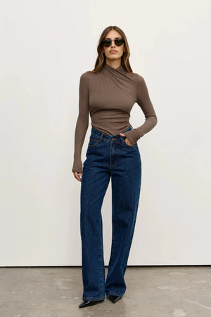 Tonia Top Grey by Bayse – long sleeve top with draped neckline, self-tie detail and waist gathering.