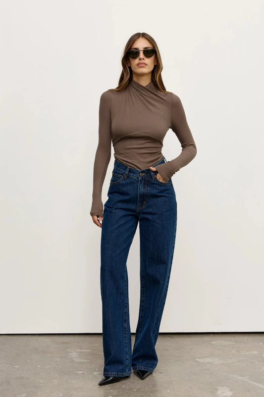 Tonia Top Grey by Bayse – long sleeve top with draped neckline, self-tie detail and waist gathering.