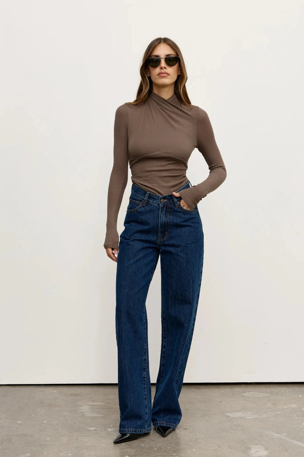Tonia Top Grey by Bayse – long sleeve top with draped neckline, self-tie detail and waist gathering.
