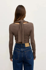 Tonia Top Grey by Bayse – long sleeve top with draped neckline, self-tie detail and waist gathering.