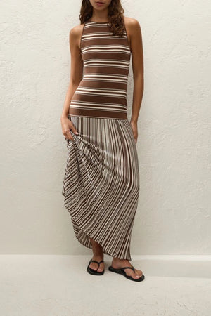 Tore Maxi Dress in Ombre Stripe Macro Carob by Faithfull the Brand, a stretch jersey maxi dress with chocolate stripe finish and pull-on fit.