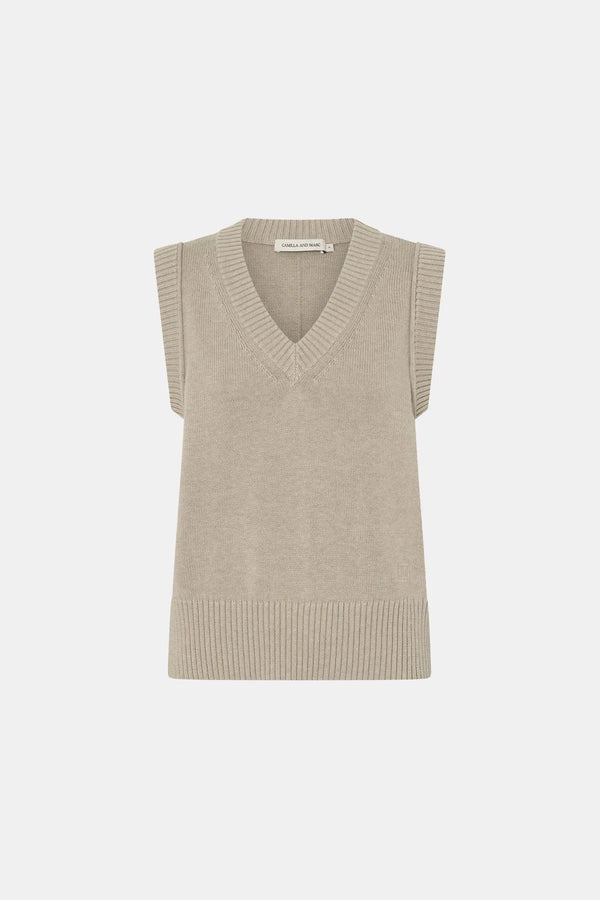 Tori Knit Vest Top Oat by Camilla and Marc – a cropped V-neck knit with ribbed edges. Perfect for layering or casual styling.