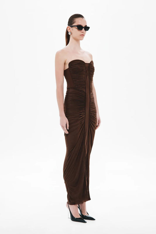 Totem Stocking Jersey Midi Dress by Misha – a chocolate stretch midi with a wire-framed bust and soft ruching, perfect for sleek evening styling.