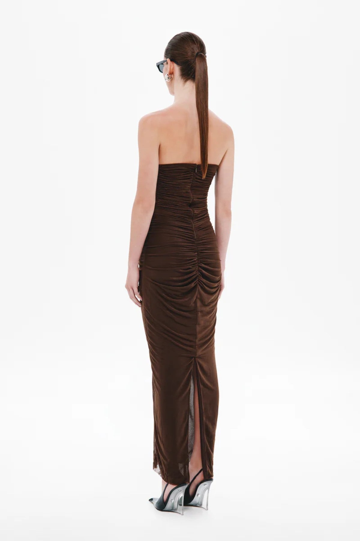Totem Stocking Jersey Midi Dress in Chocolate by Misha – a chocolate stretch midi with a wire-framed bust and soft ruching, perfect for sleek evening styling.