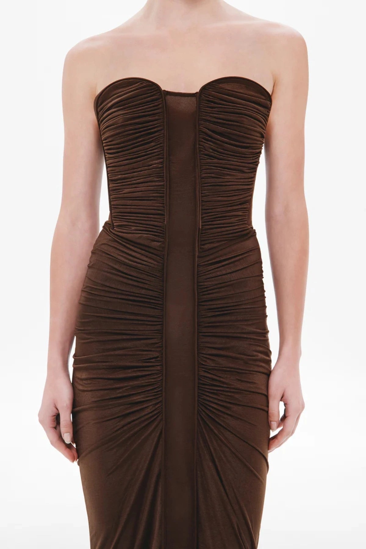 Totem Stocking Jersey Midi Dress in Chocolate by Misha – a chocolate stretch midi with a wire-framed bust and soft ruching, perfect for sleek evening styling.