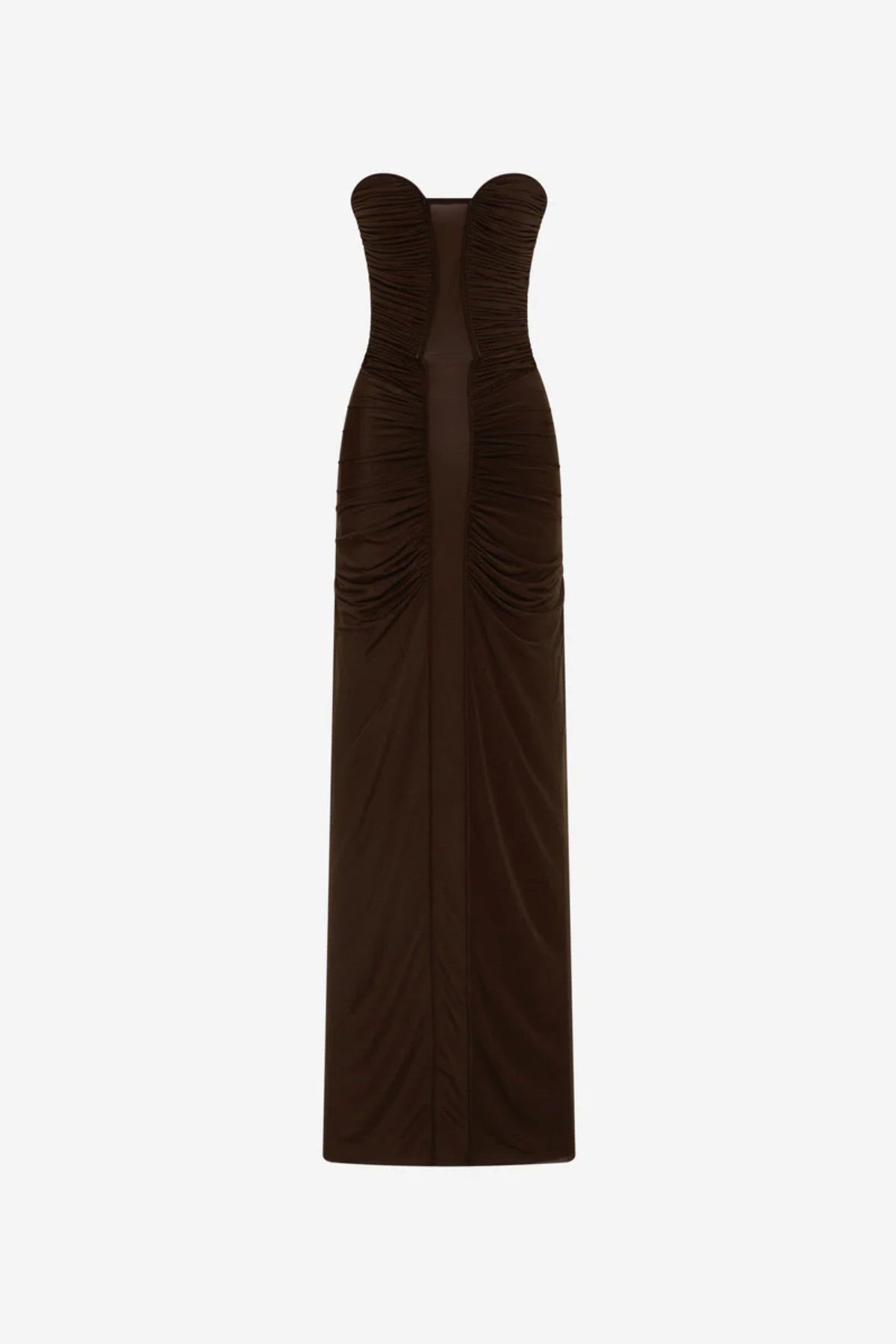 Totem Stocking Jersey Midi Dress by Misha – a chocolate stretch midi with a wire-framed bust and soft ruching, perfect for sleek evening styling.