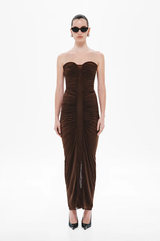 Totem Stocking Jersey Midi Dress in Chocolate by Misha – a chocolate stretch midi with a wire-framed bust and soft ruching, perfect for sleek evening styling.