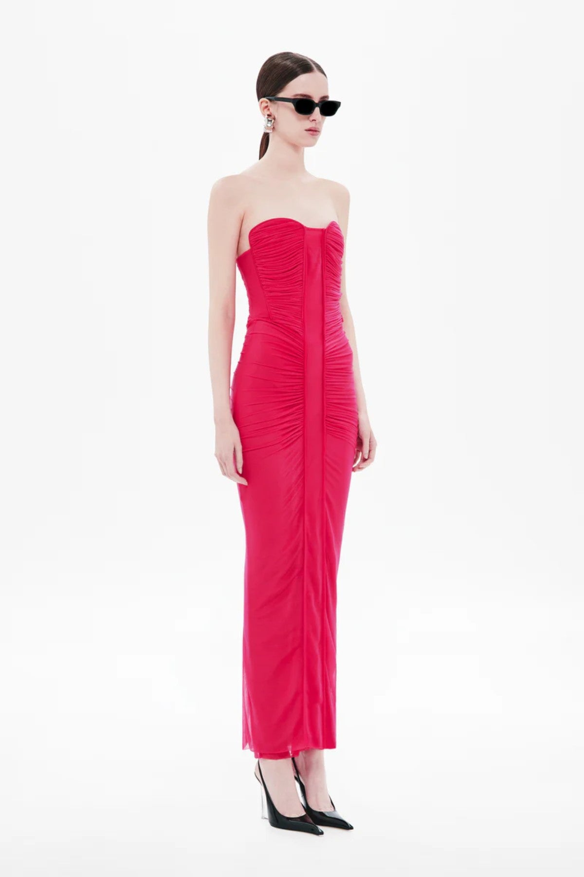 Totem Stocking Jersey in Cerise Midi Dress by Misha – a chocolate stretch midi with a wire-framed bust and soft ruching, perfect for sleek evening styling.